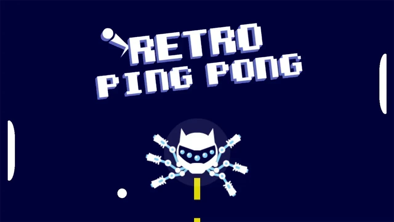 Retro Ping Pong game logo with a space ship in the middle and a ping pong ball mid-flight
